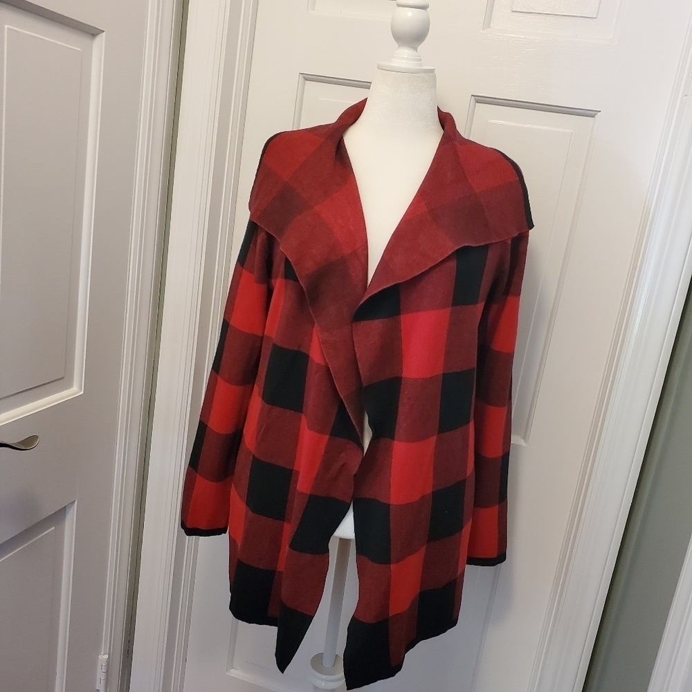 Premise Red & Black Buffalo Plaid Cascading Neckline Open Front Cardigan Size L